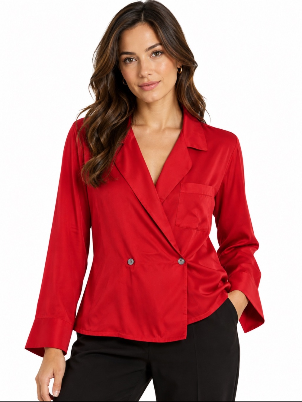Soliloquy 100% Silk Red Blouse Women’s 14 Wrap Front Long Sleeve Holiday